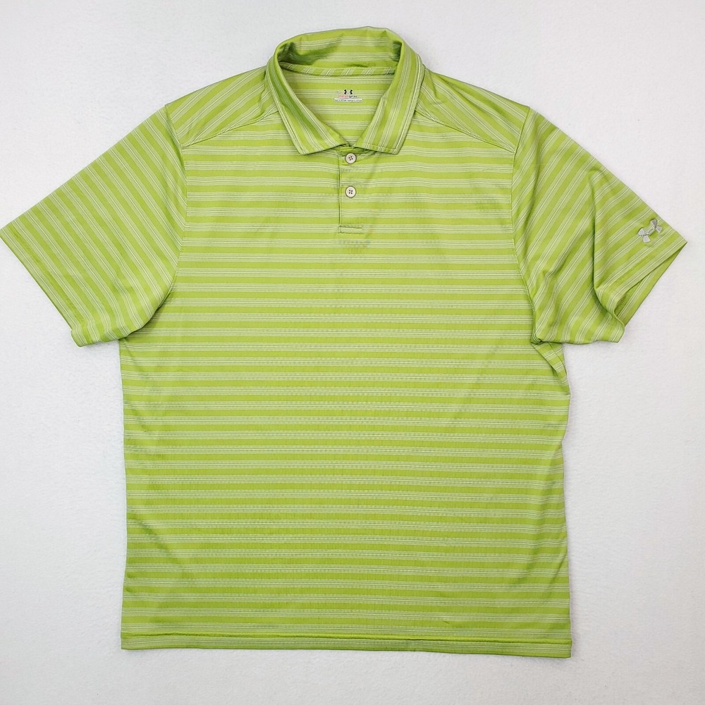Under Armour Shirt Mens Extra Large Green Striped Performance Golf Polo Heatgear